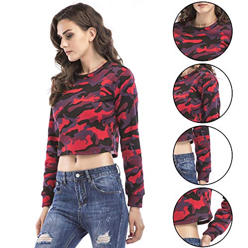 YAYT Suéter De Otoño Invierno para Mujer, Cuello Redondo Corto Rojo De Camuflaje Más Terciopelo Americana Casual Que Adelgaza La Parte Superior del Jersey De Manga Larga