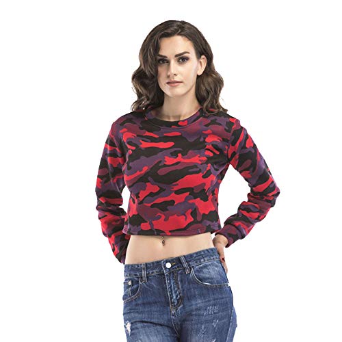 YAYT Suéter De Otoño Invierno para Mujer, Cuello Redondo Corto Rojo De Camuflaje Más Terciopelo Americana Casual Que Adelgaza La Parte Superior del Jersey De Manga Larga