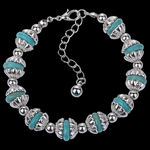 YAZILIND Vendimia Rimous Turquesa con Cuentas Pulsera de Cadena de Plata tibetana del Brazalete