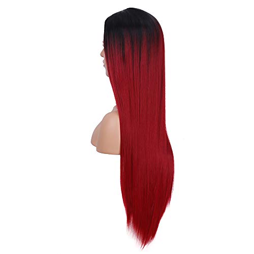 YMH PRIDE Pelucas rectas de color negro a rojo vino Ombre para mujeres Peluca de pelo sintético de parte media de aspecto natural (24 pulgadas)