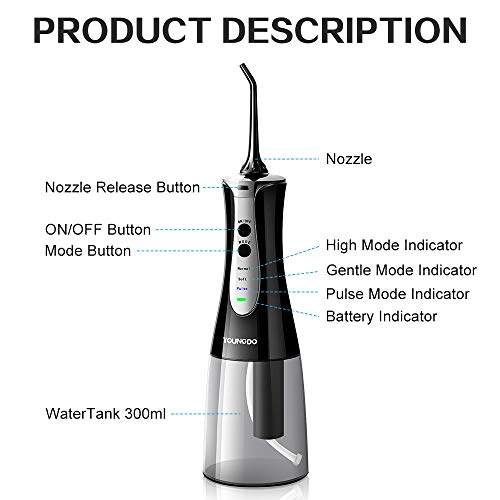 YOUNGDO Irrigador Bucal Portátil Profesional 300ml, Irrigador Dental con 3 Modos de Limpieza, 4 Boquillas Multifuncionales, IPX7 Impermeable USB Recargable para Limpieza Dental