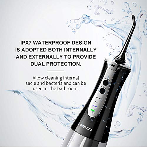 YOUNGDO Irrigador Bucal Portátil Profesional 300ml, Irrigador Dental con 3 Modos de Limpieza, 4 Boquillas Multifuncionales, IPX7 Impermeable USB Recargable para Limpieza Dental