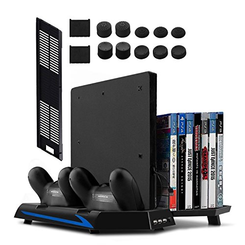 Younik Soporte Vertical para PS4 / PS4 Slim con ventiladores, estación de carga para dos controles, estante de almacenamiento para 14 juegos