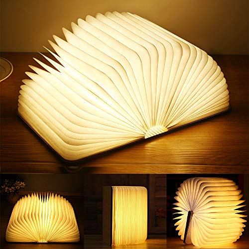 Yuanj Libro Lámpara LED, Luces Plegables de Madera 360°, USB Recargable, Portátil, Luz Lectura/Decorativa, Luz de Nocturna LED magnética, Lámpara de Mesita de Noche (M)