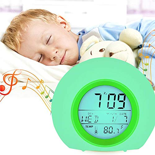 YUES Reloj Despertador Digital para niños con Calendario y termómetro, 7 Colores Cambio de luz con Control táctil Junto a la Cama (Verde)