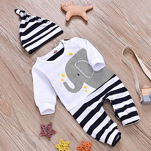 YWLINK Ropa De Abrigo para Bebé ReciéN Nacido Mono De Rayas De Elefante De Manga Larga De OtoñO Mameluco Mezcla De AlgodóN CóModo Y Suave Pijama Casual+Sombrero Traje De NiñOs(Blanco,12-18 meses/90)