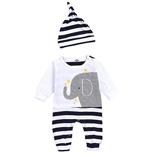 YWLINK Ropa De Abrigo para Bebé ReciéN Nacido Mono De Rayas De Elefante De Manga Larga De OtoñO Mameluco Mezcla De AlgodóN CóModo Y Suave Pijama Casual+Sombrero Traje De NiñOs(Blanco,12-18 meses/90)