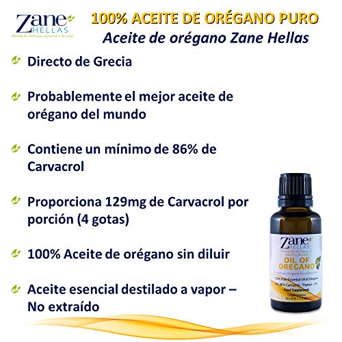 Zane Hellas 100% Aceite de orégano sin diluir.Aceite Esencial de orégano Griego Puro.86% Min Carvacrol.129mg de Carvacrol por porción.Probablemente el Mejor Aceite de orégano del Mundo.30ml