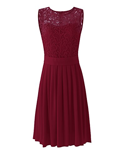 ZANZEA Mujer Vestido Encaje Gasa Verano Sin Manga Elegante Vestidos de Cóctel Fiesta Cuello Redondo 03-Vino Rojo L