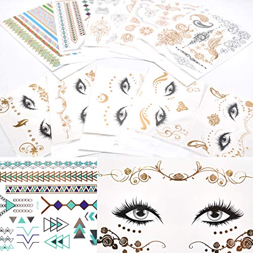 Zliger 10 Piezas Tatuajes De MetáLicas,Temporales Pegatinas Flash La Cara Dorados Festival Adhesivos Metalicos Impermeable Gem Diamantes Stickers para Fiestas Make Up Maquillaje Mujeres Niños