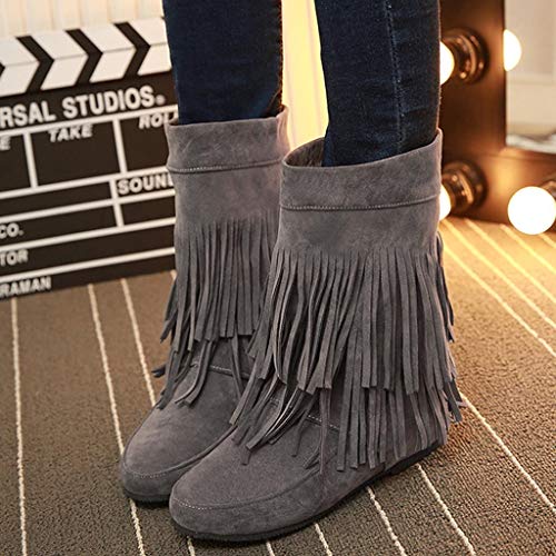 ZODOF Botines cuña para Mujer Otoño Invierno 2019 Moda Botas Militares Planos Zapatos Vestir Talla Grande Señora Calzado Terciopelo Dama Botas de Nieve clásicas Caliente con Fleco(39 EU,Gris)