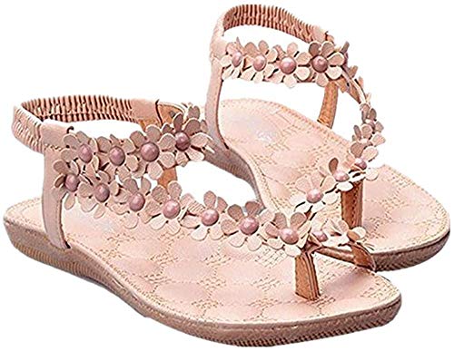 ZODOF Sandalias de Verano para Mujer Peep-Toe Zapatos Bajos Sandalias Romanas Chanclas de Damas Plano Talla Grande Bohemia Dulce con Cuentas Sandalias Casuales Zapatos de Playa