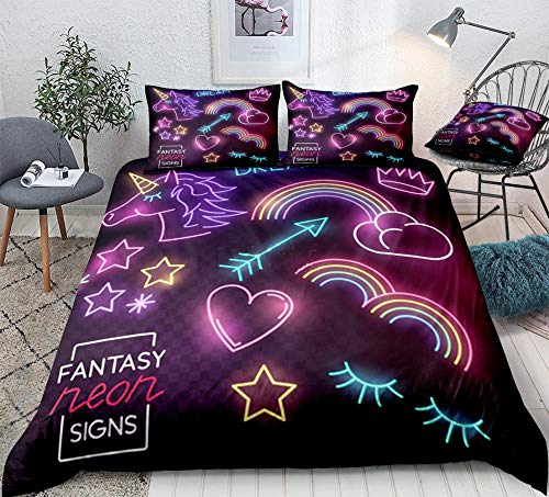 zpangg Pink Unicorn Bedding Set Rainbow Quilt Cover Juego de Cama con luz de neón para niños Luminous Unicorn Textiles para el hogar Purple Eyelash Blue Single