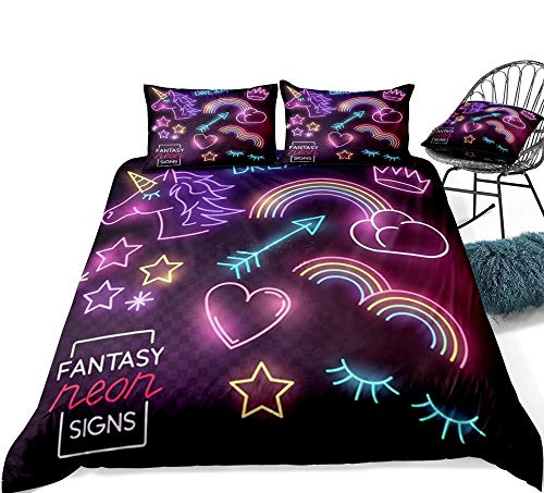 zpangg Pink Unicorn Bedding Set Rainbow Quilt Cover Juego de Cama con luz de neón para niños Luminous Unicorn Textiles para el hogar Purple Eyelash Blue Single