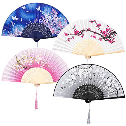 ZWOOS Abanico Clásico de Seda, 4pcs Abanico Madera Decoracion Boda Ventilador Japonés Abanico de Mano Plegable Chinese Tai Chi Abanico Plegable Abanicos Plegables Portátil Abanicos