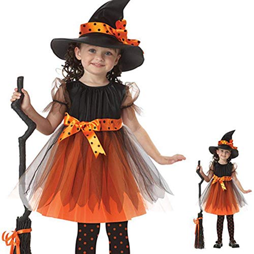 ZXYSHOP Disfraz Bruja De Halloween para Niñas Cosplay Niña Halloween Vestidos Y Sombrero Bruja,120CM