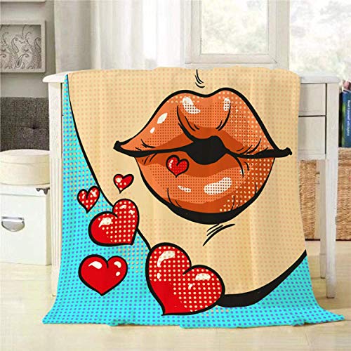 ZZPHH Pop Art Lips Throw Blanket Woman Sending Heart Kisses Pop Art Comic Style Decorative Soft Warm Cozy Flannel Plush Throws Blankets For Baby Toddler Dog Cat 30 X 40 Inch 48x60IN