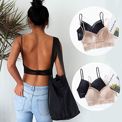 ZZSNT Lace U-Shaped Backless Bra Low Back Comfort Lifting Bralette Stealth Underwear M Black-1*Bra