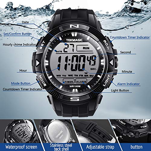 100m Digital Sumergible Impermeable Nadando Reloj de Pulsera con Funciones de Alarma y Cronómetro, Soporte Zona Horaria Dual, Temporizador de Cuenta Regresiva, Formato de 12/24 Horas