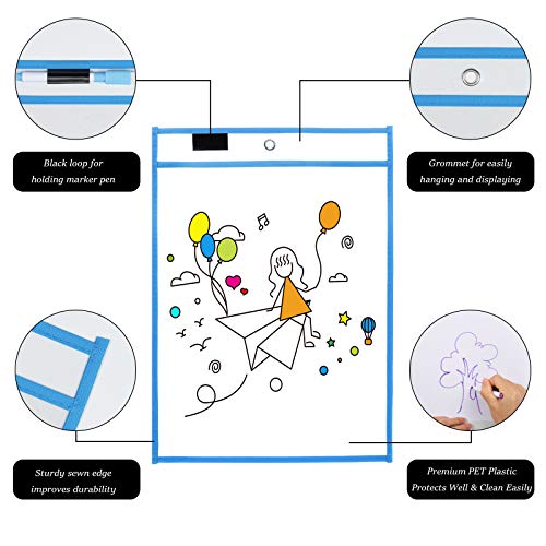 12 Pack Resuable Dry Erase Pockets, ZWOOS Reutilizable Escribir y Limpie los Bolsillos limpios, Bolsillos Transparentes con Bolígrafos para la Organización en el Aula y Colegio y Trabajo, 35.5×25.5cm