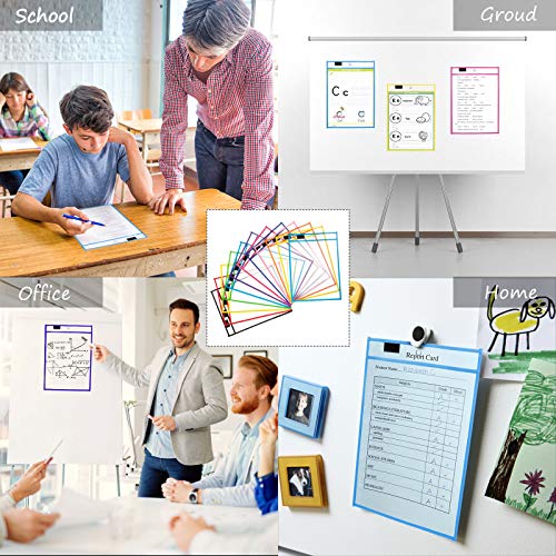 12 Pack Resuable Dry Erase Pockets, ZWOOS Reutilizable Escribir y Limpie los Bolsillos limpios, Bolsillos Transparentes con Bolígrafos para la Organización en el Aula y Colegio y Trabajo, 35.5×25.5cm