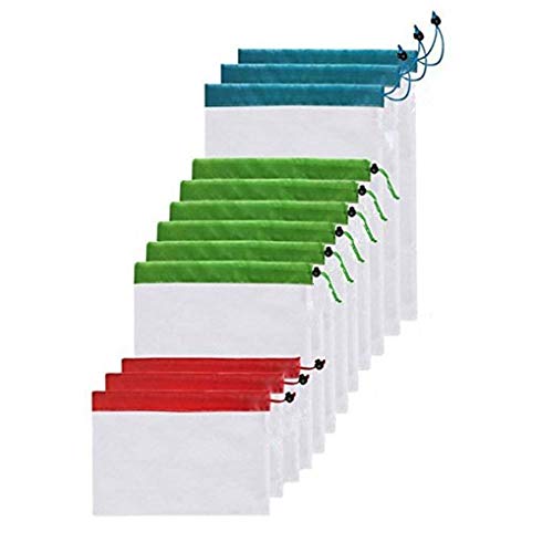 12 pcs Bolsa Reutilizable Compra para Almacenamiento Fruta Verduras Juguetes Lavable y Transpirable (Rouge Vert Bleu)