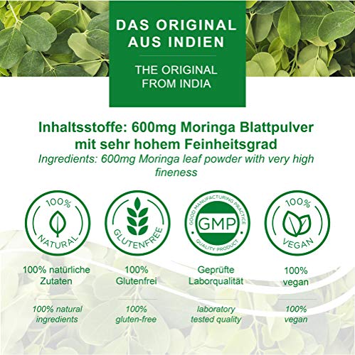 120 Moringa cápsulas 600mg o Moringa Energia Tabs 950mg - Oleifera, vegetariano, Producto de calidad de MoriVeda (1x120 cápsulas)