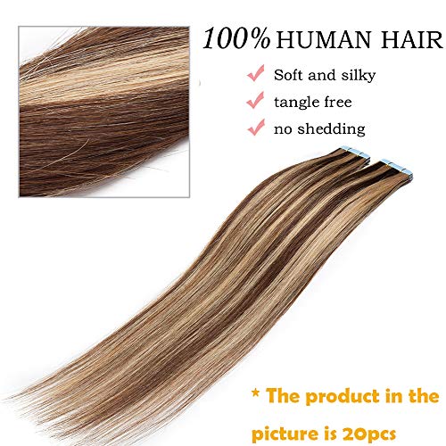 12"(30cm) SEGO Extensiones Adhesivas de Cabello Natural Sin Clip 2g*10pcs #4/27 Castaño Chocolate/Rubio Oscuro 100% Remy Pelo Humano Tape in Hair Extensions (20g)