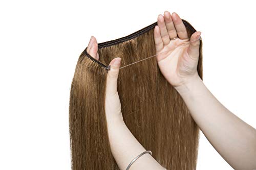 16" Extensiones de Cabello Natural con Hilo Invisible Sin Clip 100% Remy Pelo Natural Humano Una Pieza Liso Ajuatable Hair Extensions [40cm,60g,#6 Castaño Dorado]