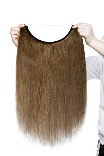 16" Extensiones de Cabello Natural con Hilo Invisible Sin Clip 100% Remy Pelo Natural Humano Una Pieza Liso Ajuatable Hair Extensions [40cm,60g,#6 Castaño Dorado]