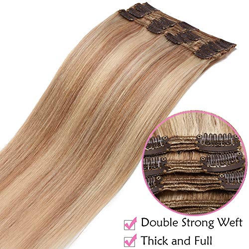 16"(40cm) Extensiones de Clip de Pelo Natural Double Weft(Muy Gruesas) #18/613 Ash Rubio/Blanqueador Rubio Cabello Humano 100% Remy 8 Piezas 18 Clips Lisas Largas Postizos Pelucas (130g)