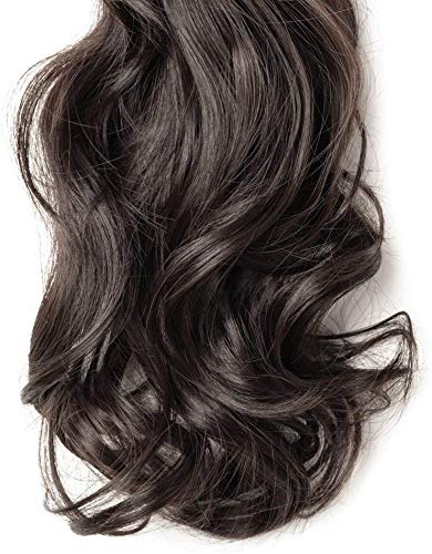 18"(45cm) Coleta Postiza con Pinza Pelo Sintético Se Ve Natural Extensiones de Cabello Clip Cola Rizada Ondulada Ponytail Extension (140g,Castaño Oscuro)