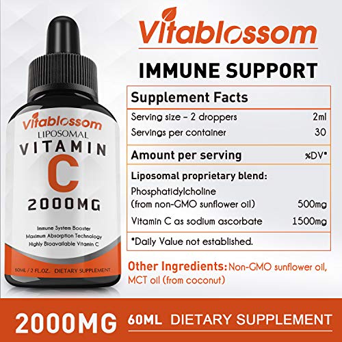 2 botellas Absorción máxima de vitamina C liposomal | Soluble en grasas VIT C | Apoya enormemente el sistema inmunológico y la salud del colágeno | Sin OMG | Vegan Friendly | 2000mg