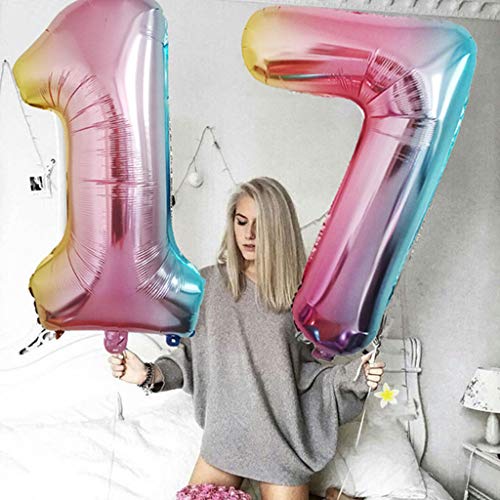 2 Globos Número 17 Arco Iris, Ouceanwin Gigante Foil Globos Numeros 17 Grande Globo de Papel de Alumini, 40" Globo Inflable Helio para Decoraciones de Fiesta de Cumpleaños 17 años Niña Niño