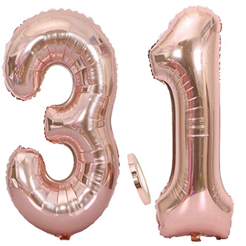 2 Globos Número 31 Oro Rosa, Ouceanwin Gigante Foil Globos Numeros 31 Grande Globo de Papel de Alumini, 40" Globo Inflable Helio para Decoraciones de Fiesta de Cumpleaños 31 Años Señoras (100cm)