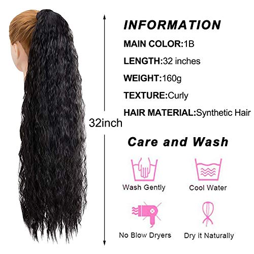 2 piezas de 32 pulgadas de largo, negro, rizado, cola de caballo, extensión de cabello, envoltura alrededor de extensiones de cola de caballo, clip sintético en cola de caballo para mujeres