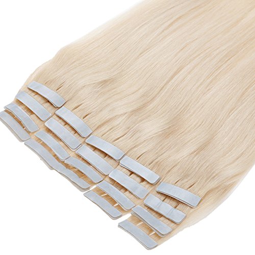 20 Piezas Extensiones Adhesivas Pelo Natural de Cabello Humano Remy Tape in Hair Extension Liso - 40 cm (50g) #60 Rubia Platino