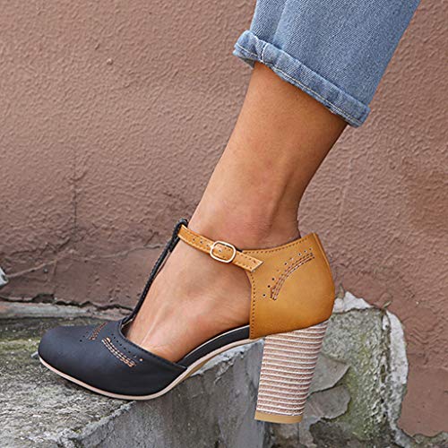 2019 Zapatos De Tacón Alto Ancho, Sandalias De Vestir En Contraste Punta Redonda Zapatillas con Hebillas Sandalias Romanas De Boda Fiesta De Baile Elegante Chic De Verano Primavera 35-43 (Negro1, 36)