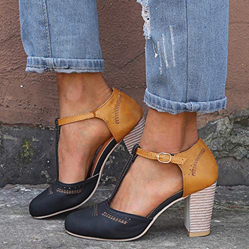 2019 Zapatos De Tacón Alto Ancho, Sandalias De Vestir En Contraste Punta Redonda Zapatillas con Hebillas Sandalias Romanas De Boda Fiesta De Baile Elegante Chic De Verano Primavera 35-43 (Negro1, 36)