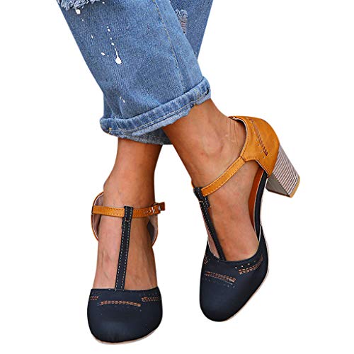 2019 Zapatos De Tacón Alto Ancho, Sandalias De Vestir En Contraste Punta Redonda Zapatillas con Hebillas Sandalias Romanas De Boda Fiesta De Baile Elegante Chic De Verano Primavera 35-43 (Negro1, 36)