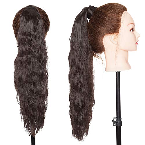 20"(50cm) SEGO Coleta Postiza Rizada de Pelo Sintético con [Magia del Bolsillo] Se Ve Naturl Extensiones de Cabello Clip Larga Corn Wave Ponytail [Castaño Oscuro]