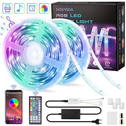 20M Tiras LED RGB 5050 Música, HOVVIDA Bluetooth Luces de Tiras LED 12V para Habitación, Controladas por APP, IR Control Remoto y Controlador, 16 Milliones de Colores, 20 Estilos, Modo de Horario