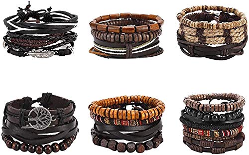 21 Piezas Cuero Pulseras Árbolde la Vida para Hombres Mujer Trenzado Pulsera Cuentas de Madera Cuerda Brazalet Vintage Pulsera Ajustable