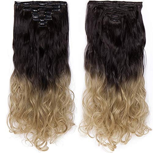 24"(60cm) Extensiones de Cabello Natural Clip Rizadas Pelo Sintético 8 Piezas 18 Clips Pelo Largo Postizos Pelucas para Mujer（140g,Castaño Dorado a Rubio Ceniza)