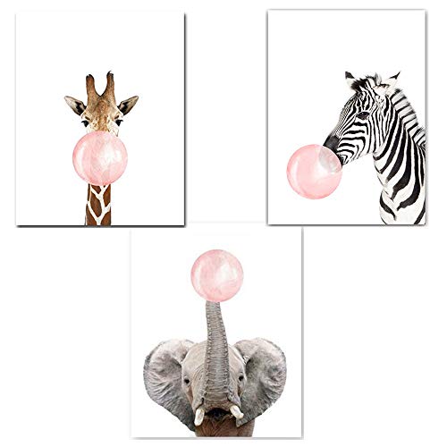 3 Laminas Animales Elefante Jirafa Cebra Chicle Rosa Pósteres Decorativas Pared Infantil Imagen de Niños Decorar Habitaciones de Bebe Regalo Sin Marco PTAN002-M