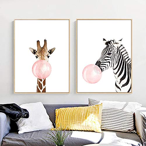 3 Laminas Animales Elefante Jirafa Cebra Chicle Rosa Pósteres Decorativas Pared Infantil Imagen de Niños Decorar Habitaciones de Bebe Regalo Sin Marco PTAN002-M