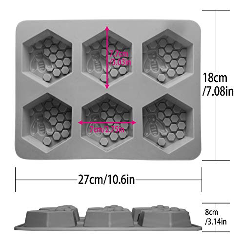 4 piezas Moldes de jabón de silicona, CNYMANY 3D Forma de panal de abeja Molde de muffin Pastelería de cocina Bandeja para hornear para pastel de velas Jello Bath Bomb Candy Cupcake - Gris