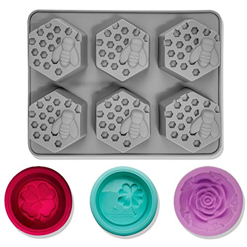 4 piezas Moldes de jabón de silicona, CNYMANY 3D Forma de panal de abeja Molde de muffin Pastelería de cocina Bandeja para hornear para pastel de velas Jello Bath Bomb Candy Cupcake - Gris