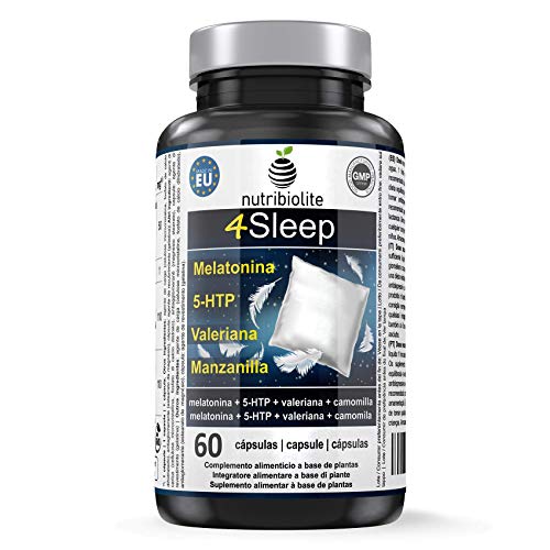 4Sleep - Melatonina Pura + 5-HTP Griffonia Simplicifolia + Manzanilla + Valeriana - Efecto prolongado, Rápida conciliación y mejora del sueño, Reduce estrés, ansiedad e insomnio, Somnífero natural