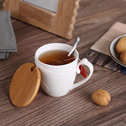 77L Taza de café con tapa y cuchara, taza de café de cerámica con tapa de bambú y cuchara - leche de cerámica, taza de té con cuchara y tapa para el hogar - 1.46 taza (350 ML, 11.8 OZ), blanco